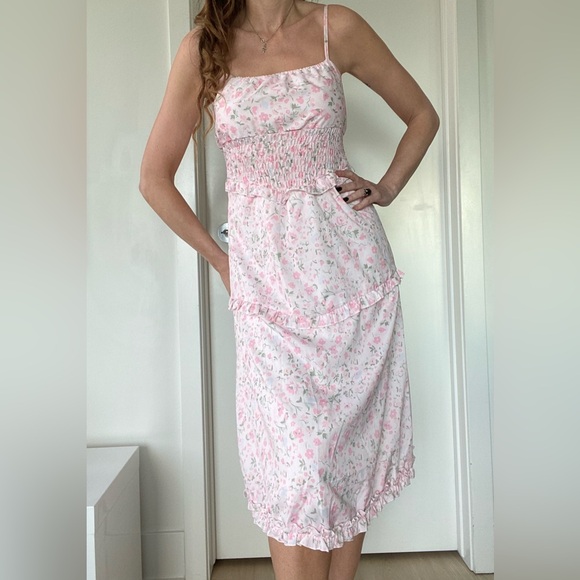 New light Pink Floral stretch-waist ruffled Midi Dress Size M #wedding #summer - Picture 2 of 8